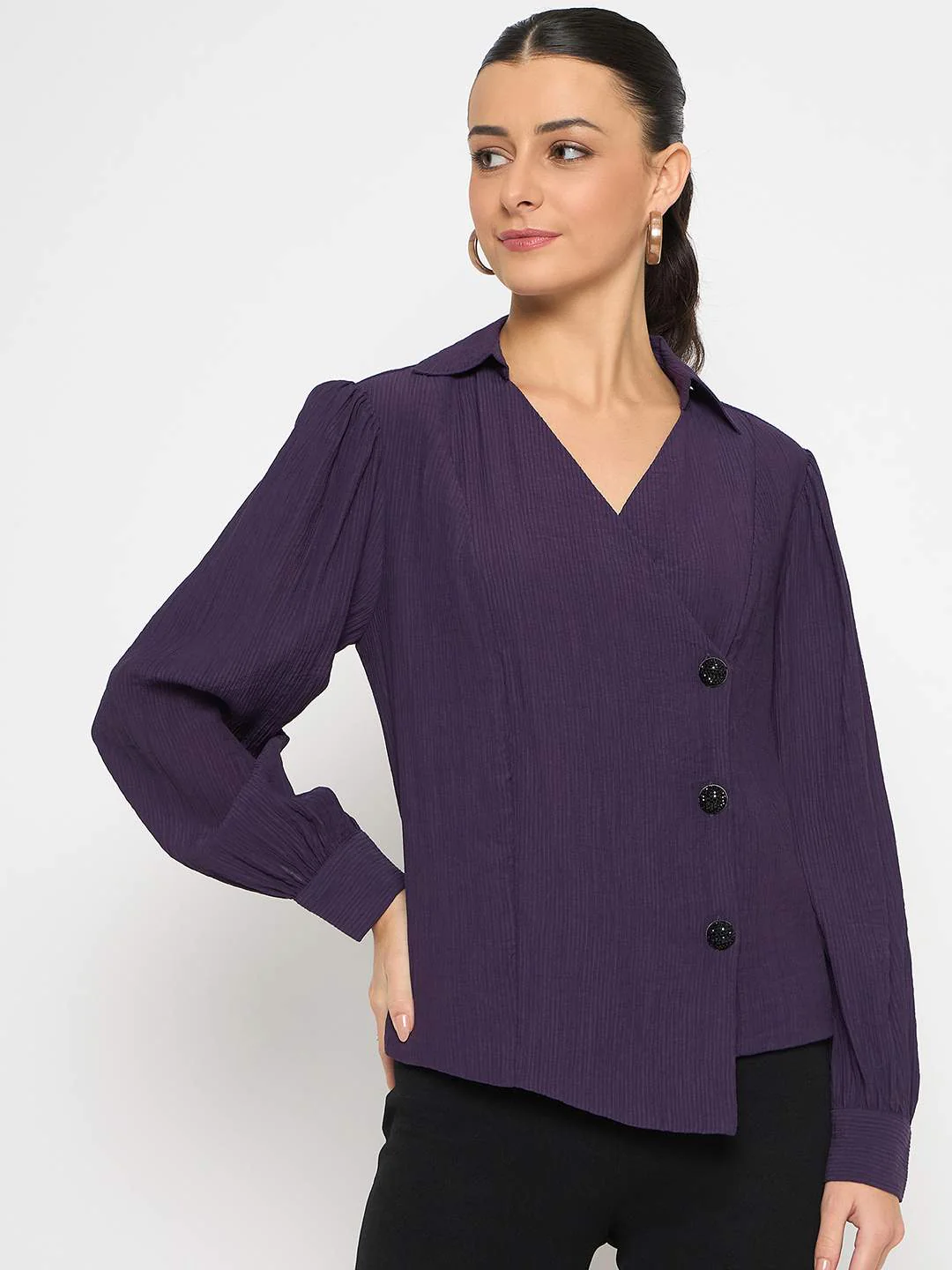 Madame Purple Asymmetrical Front Hemline Rayon Blend Shirt - Image 3