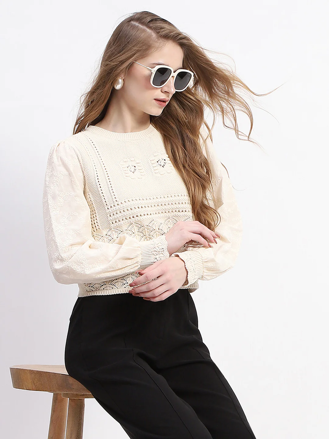 Madame Crochet Knit Beige Cotton Top - Image 2