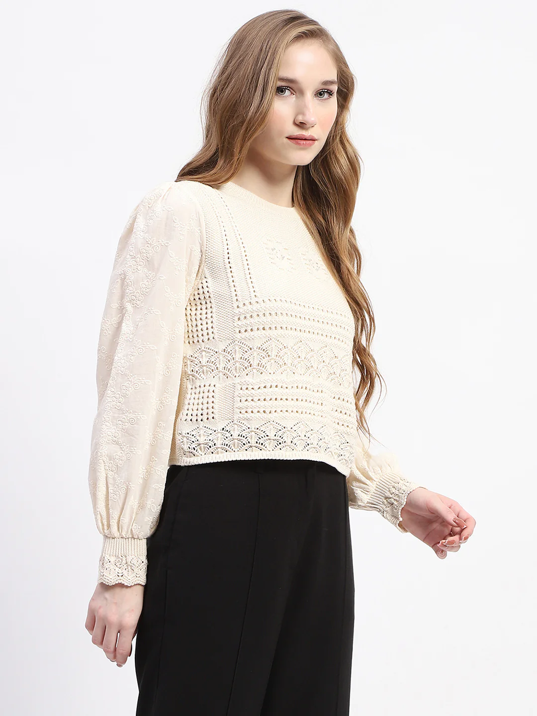 Madame Crochet Knit Beige Cotton Top - Image 3