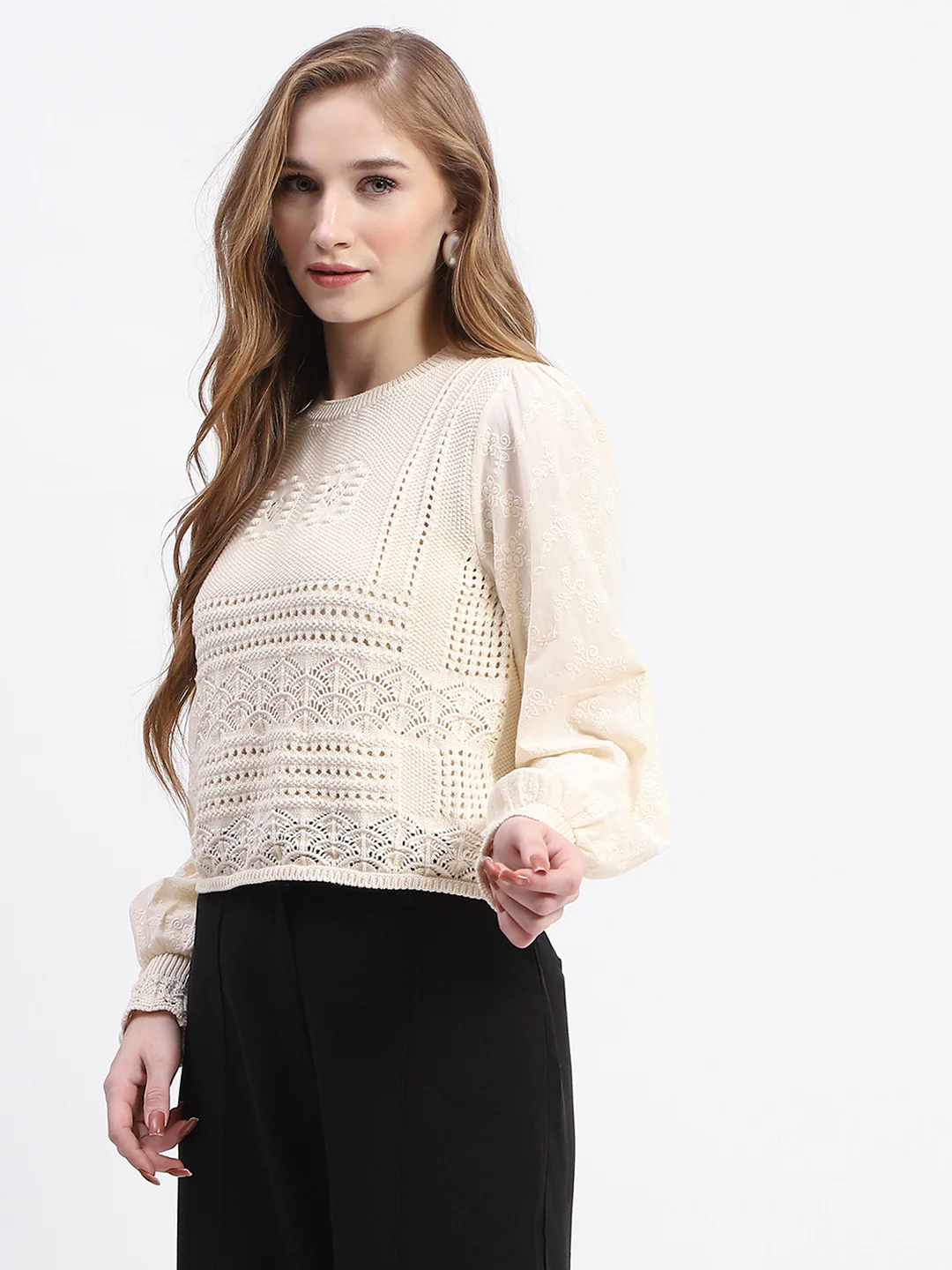Madame Crochet Knit Beige Cotton Top - Image 4