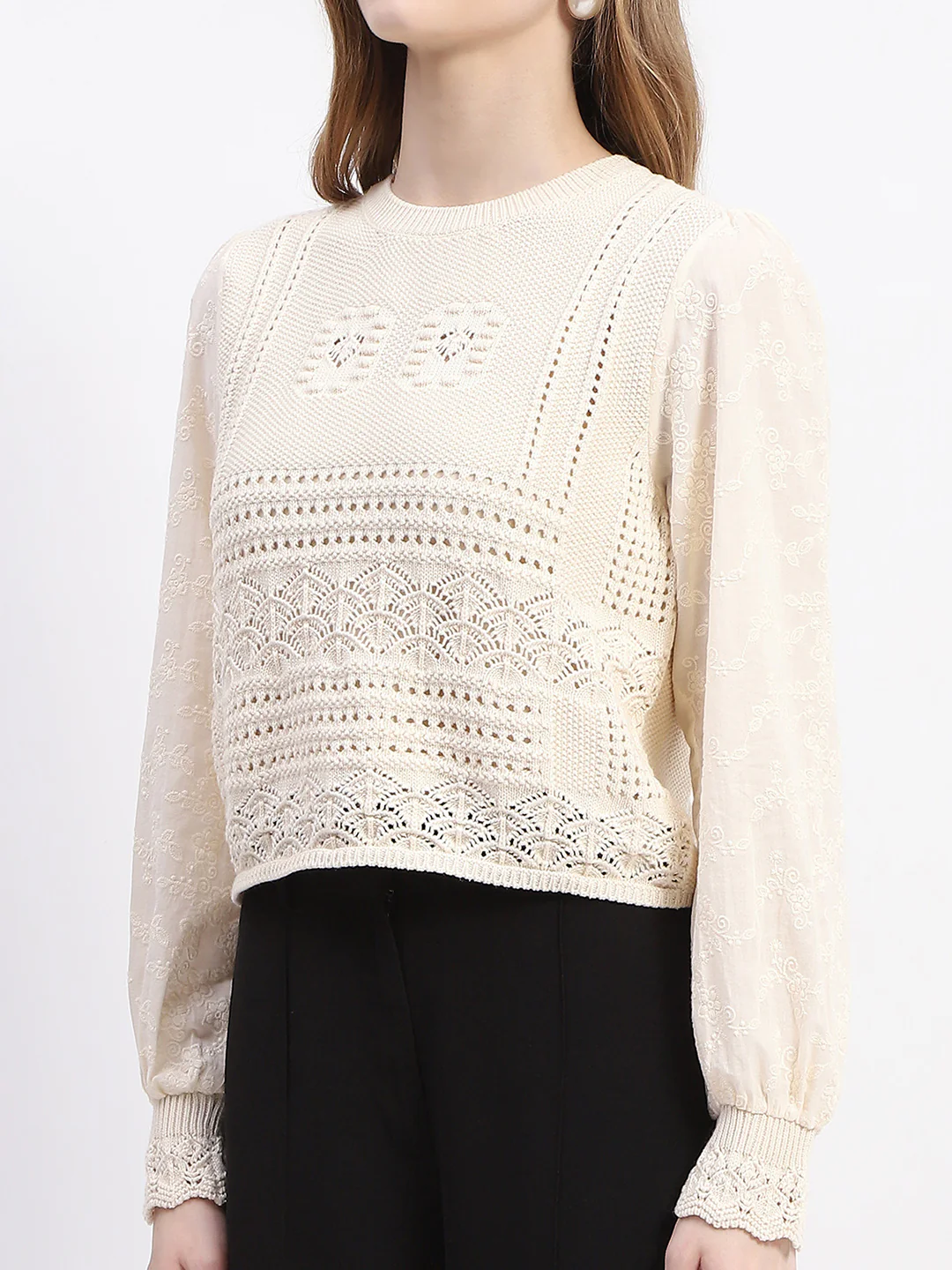 Madame Crochet Knit Beige Cotton Top - Image 6