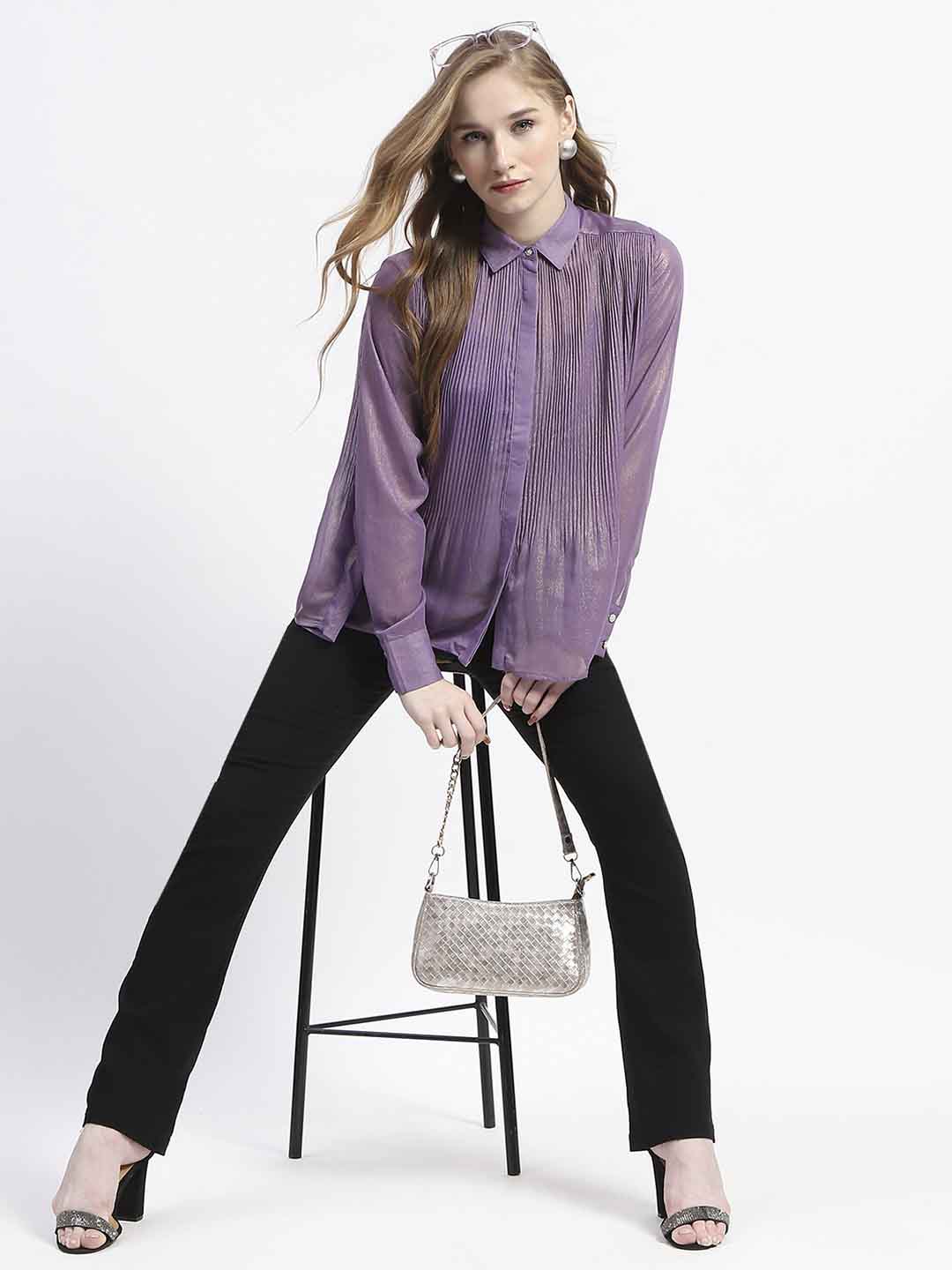 Madame Shimmer Pleated Hem Sheer Lilac Shirt - Image 2