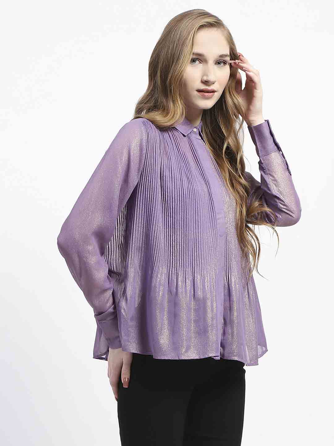 Madame Shimmer Pleated Hem Sheer Lilac Shirt - Image 3