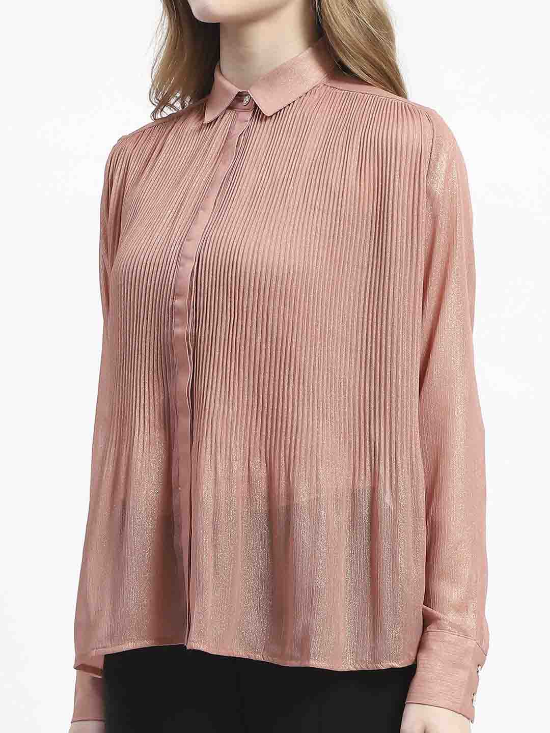 Madame Shimmer Pleated Hem Sheer Peach Shirt - Image 6