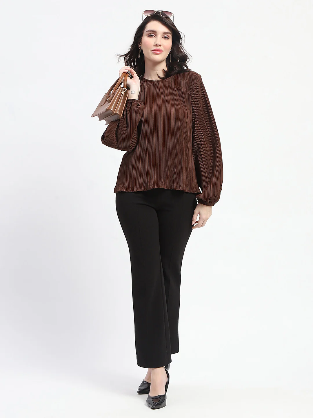 Madame Pleated Round Neck Solid Brown Top - Image 2