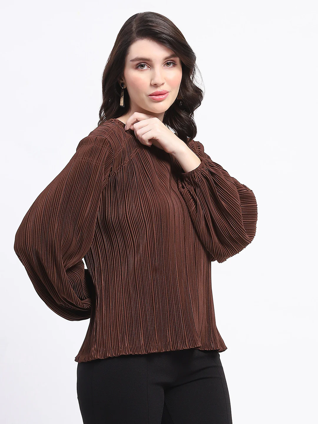 Madame Pleated Round Neck Solid Brown Top - Image 3
