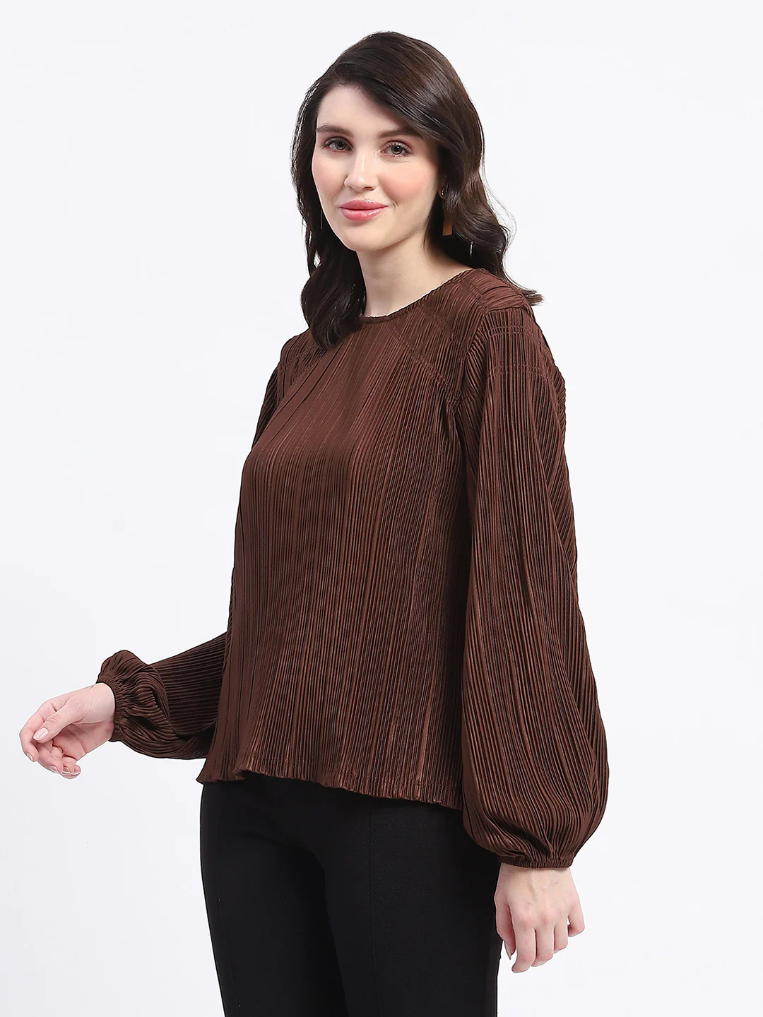 Madame Pleated Round Neck Solid Brown Top - Image 4