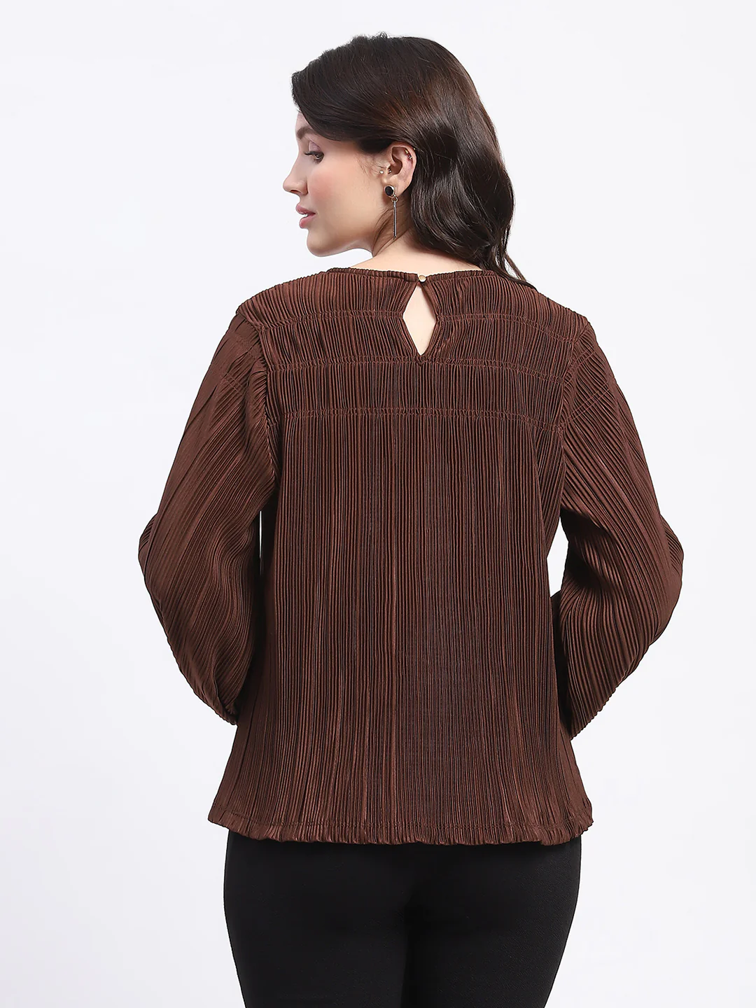 Madame Pleated Round Neck Solid Brown Top - Image 5