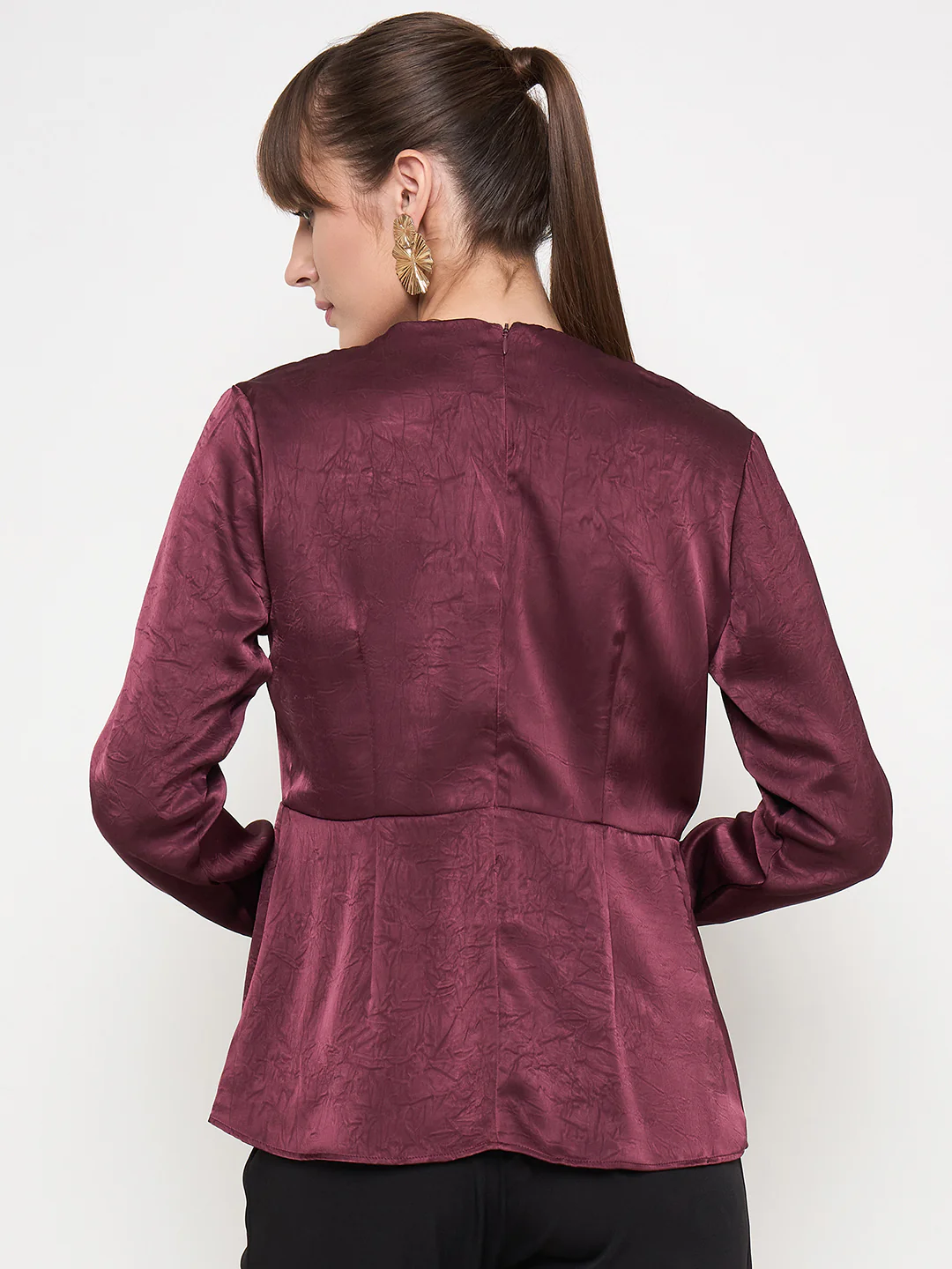 Madame Solid Maroon Overlap Asymmetrical Ruched Sleeve Satin Top - Image 6