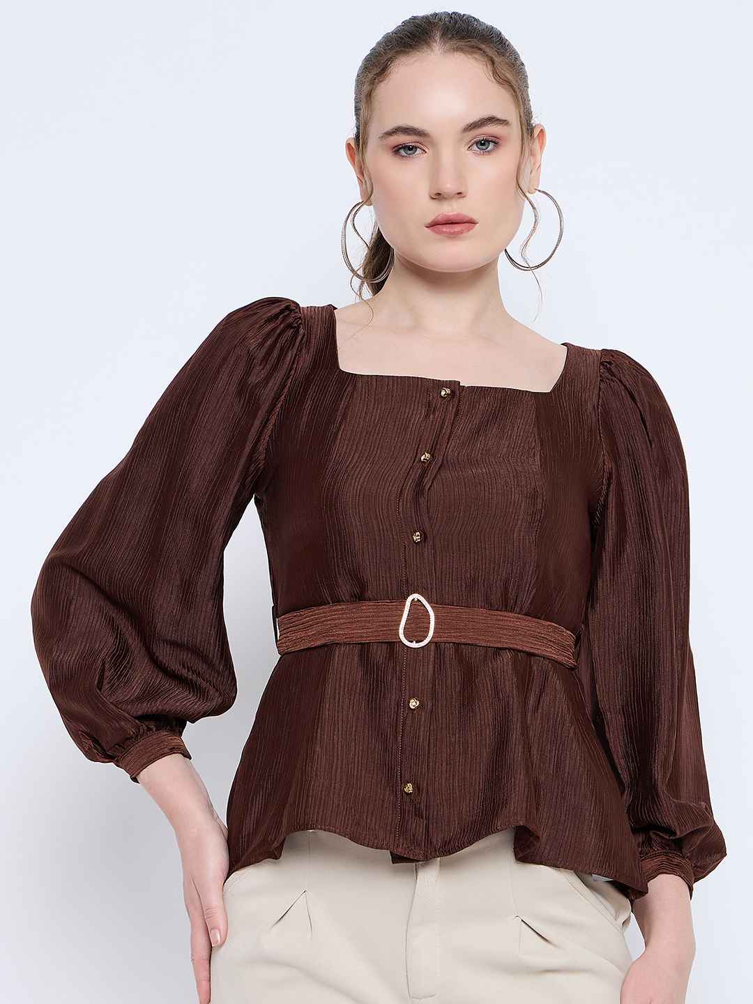 Madame Brown Rayon Blend Square Neck Belted Button Front Top - Image 3