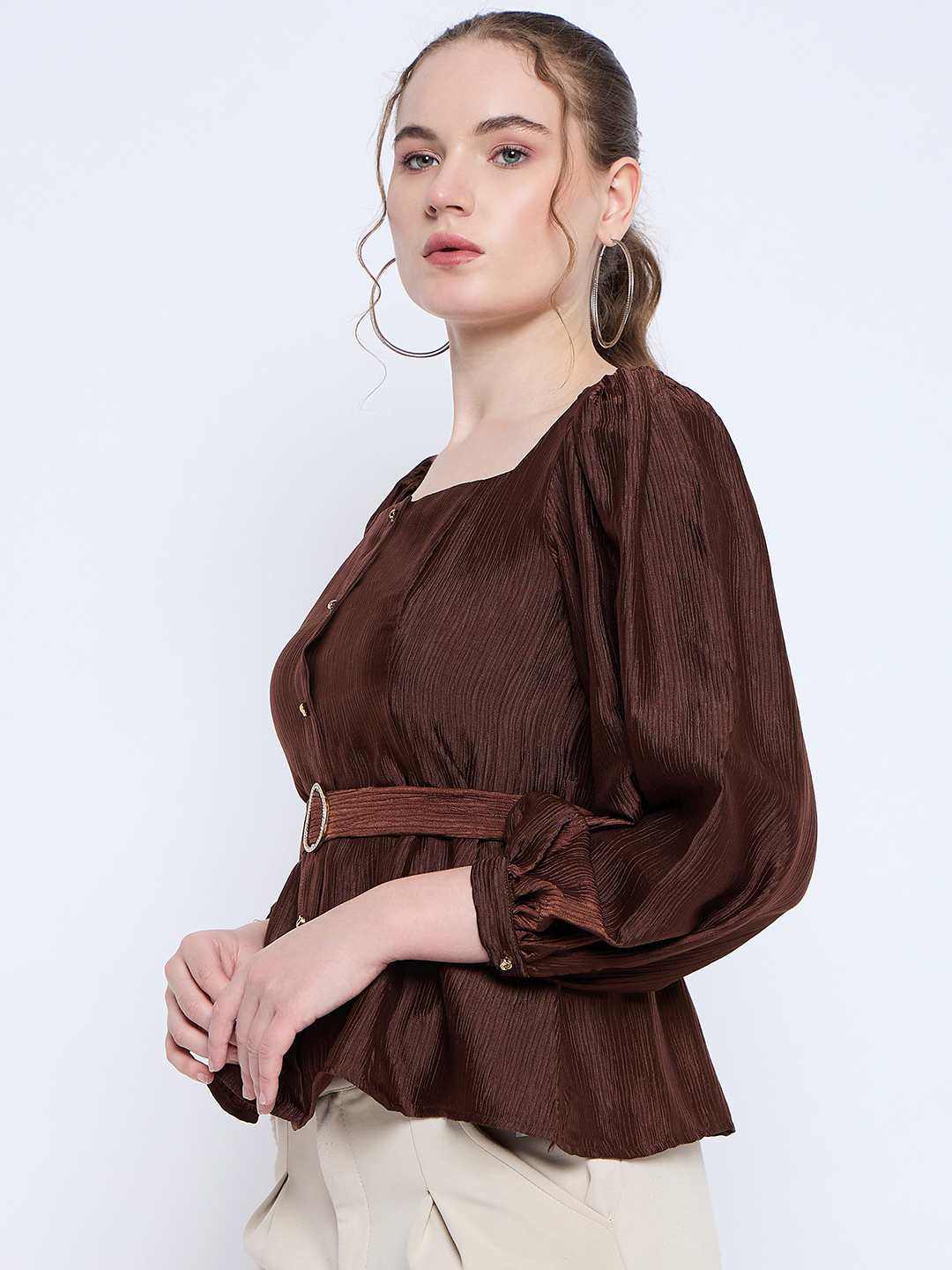 Madame Brown Rayon Blend Square Neck Belted Button Front Top - Image 5
