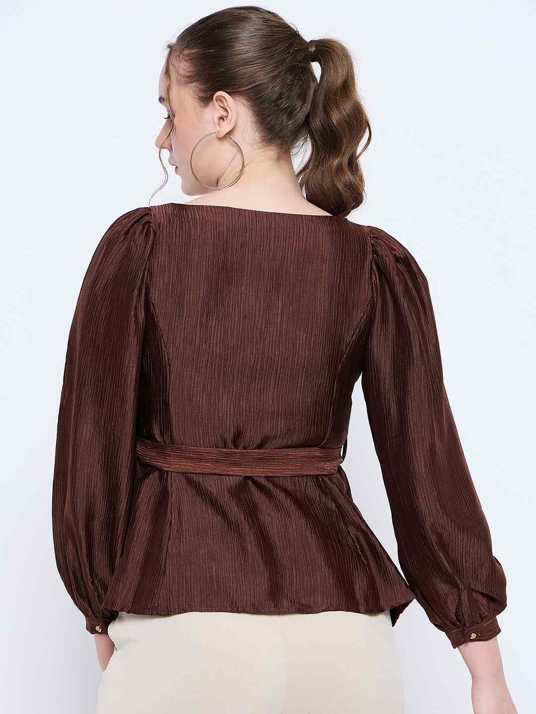 Madame Brown Rayon Blend Square Neck Belted Button Front Top - Image 6