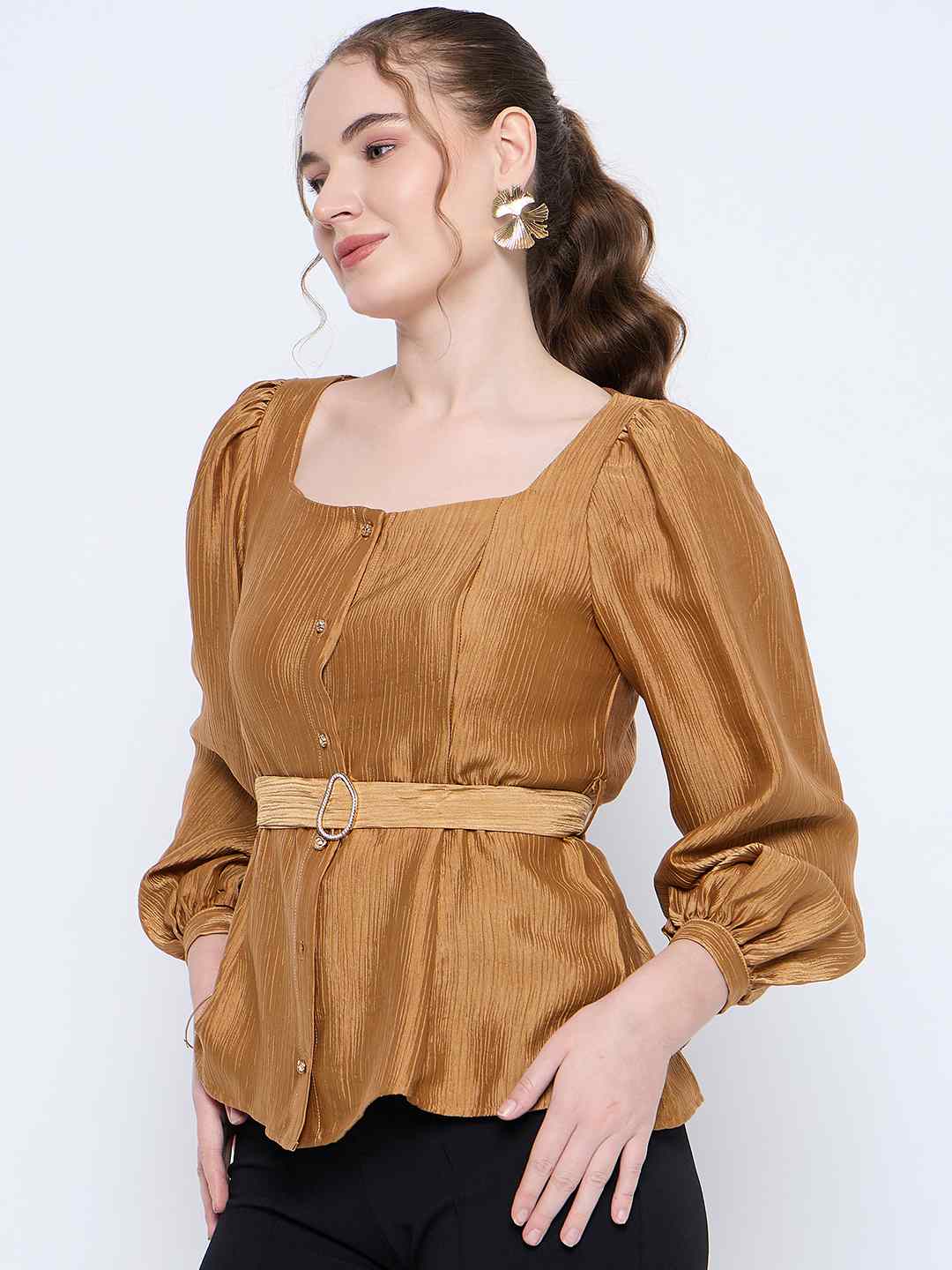 Madame Golden Rayon Blend Square Neck Belted Button Front Top - Image 2