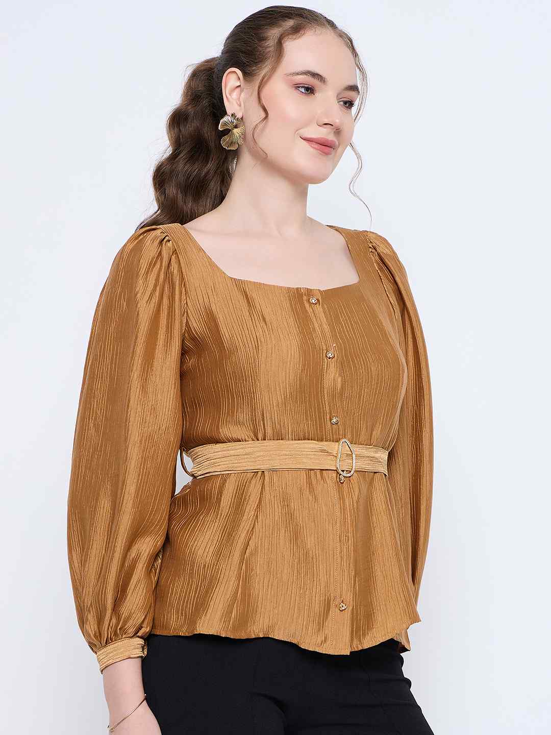 Madame Golden Rayon Blend Square Neck Belted Button Front Top - Image 3