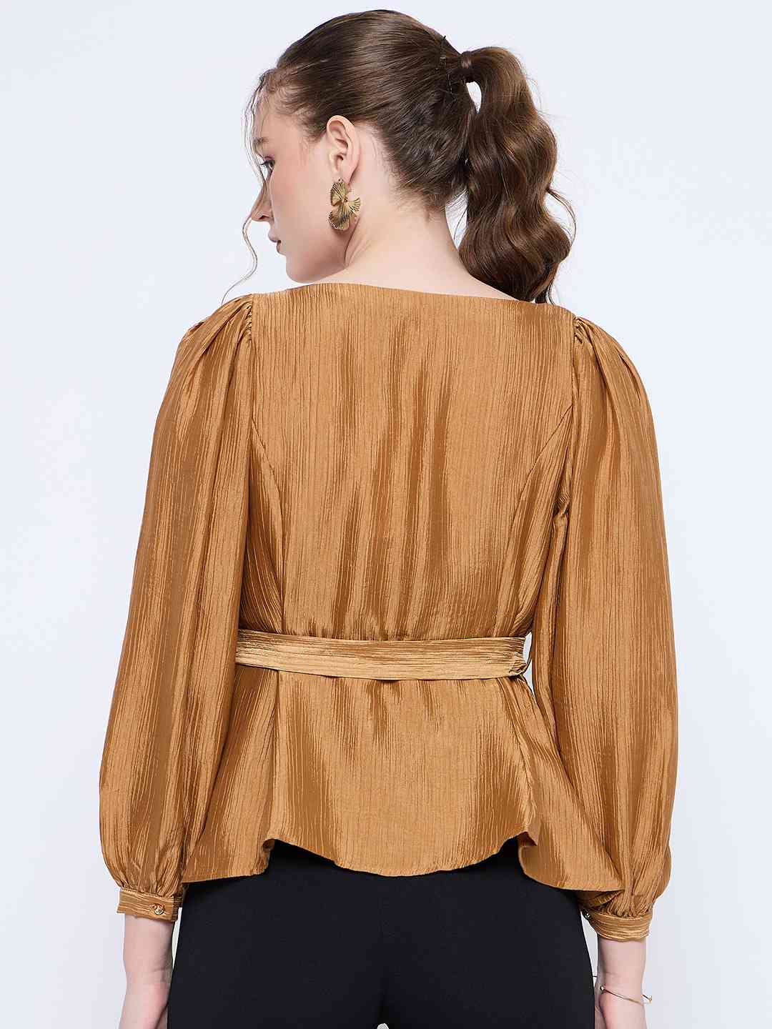 Madame Golden Rayon Blend Square Neck Belted Button Front Top - Image 4