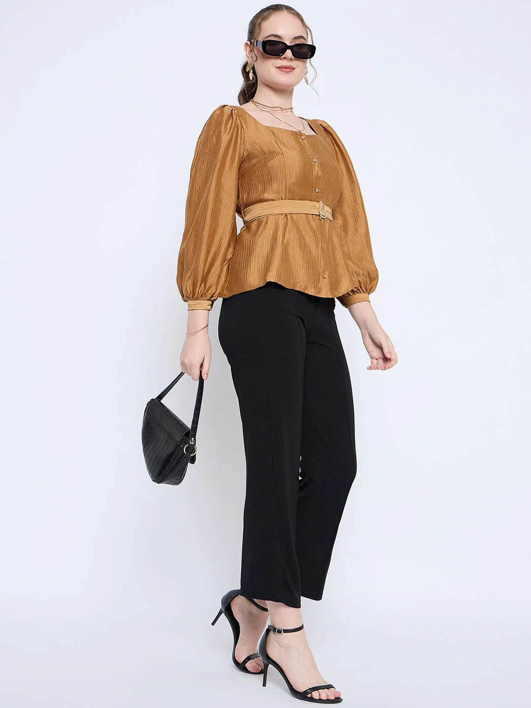 Madame Golden Rayon Blend Square Neck Belted Button Front Top - Image 5