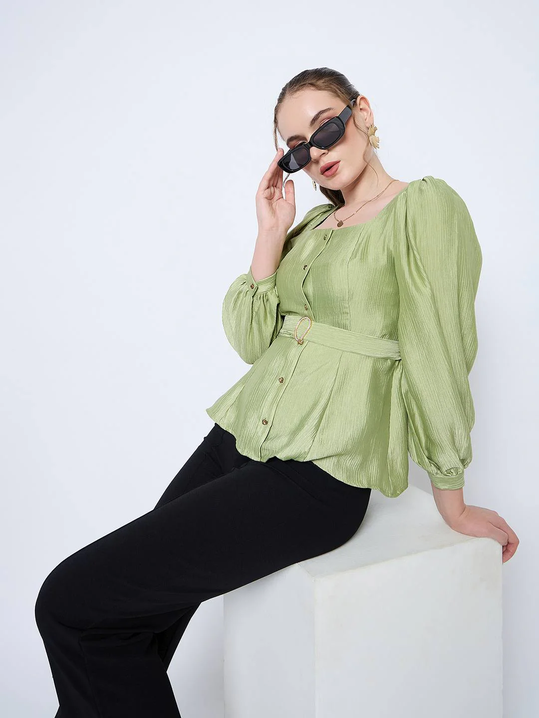 Madame Green Rayon Blend Square Neck Belted Button Front Top