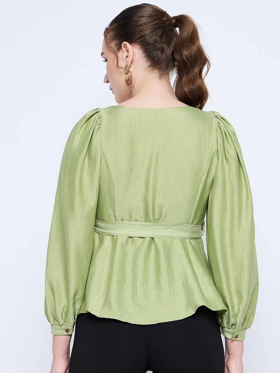 Madame Green Rayon Blend Square Neck Belted Button Front Top - Image 6