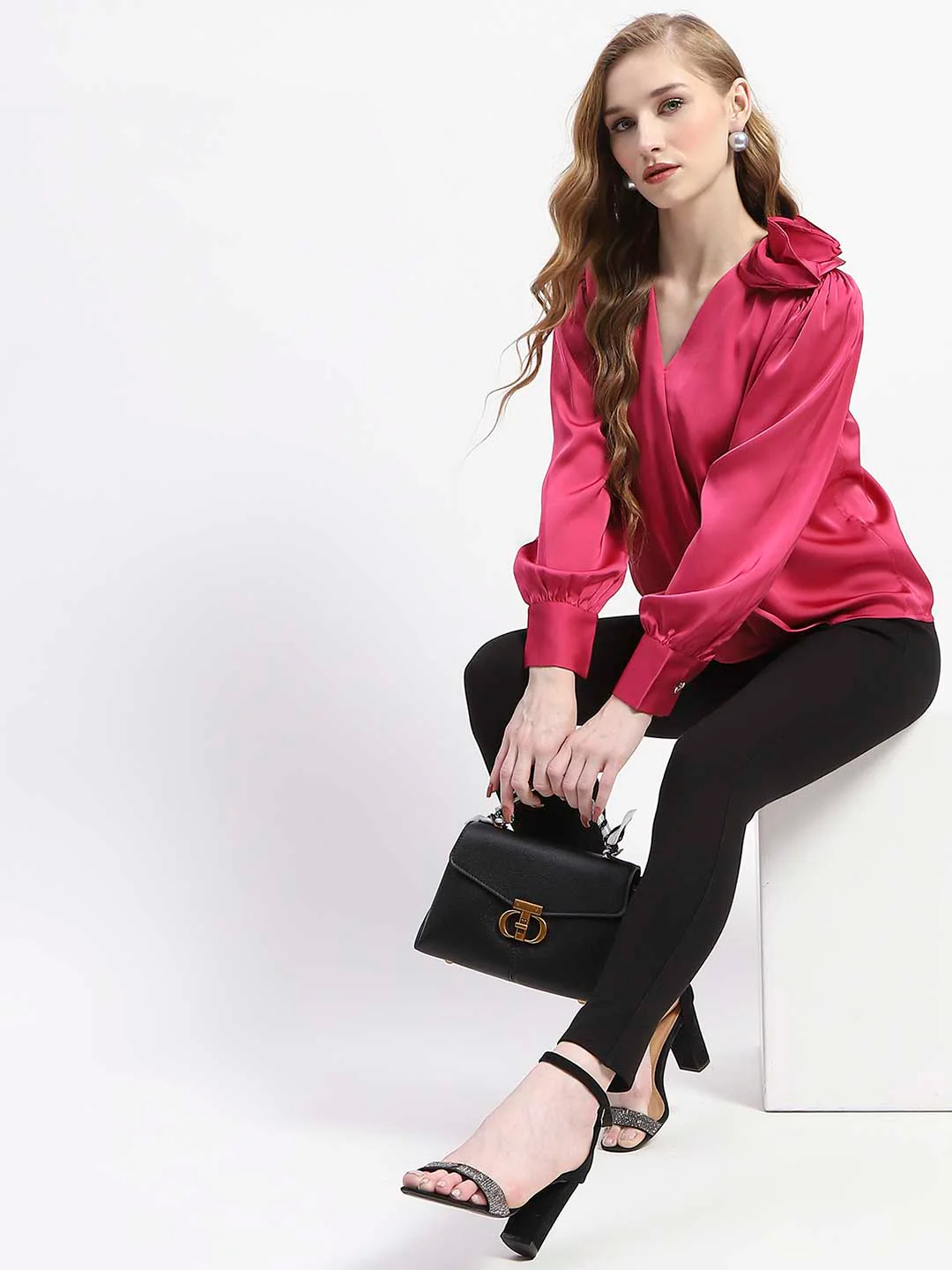 Madame Hot Pink Drape Top with Flower Applique - Image 2