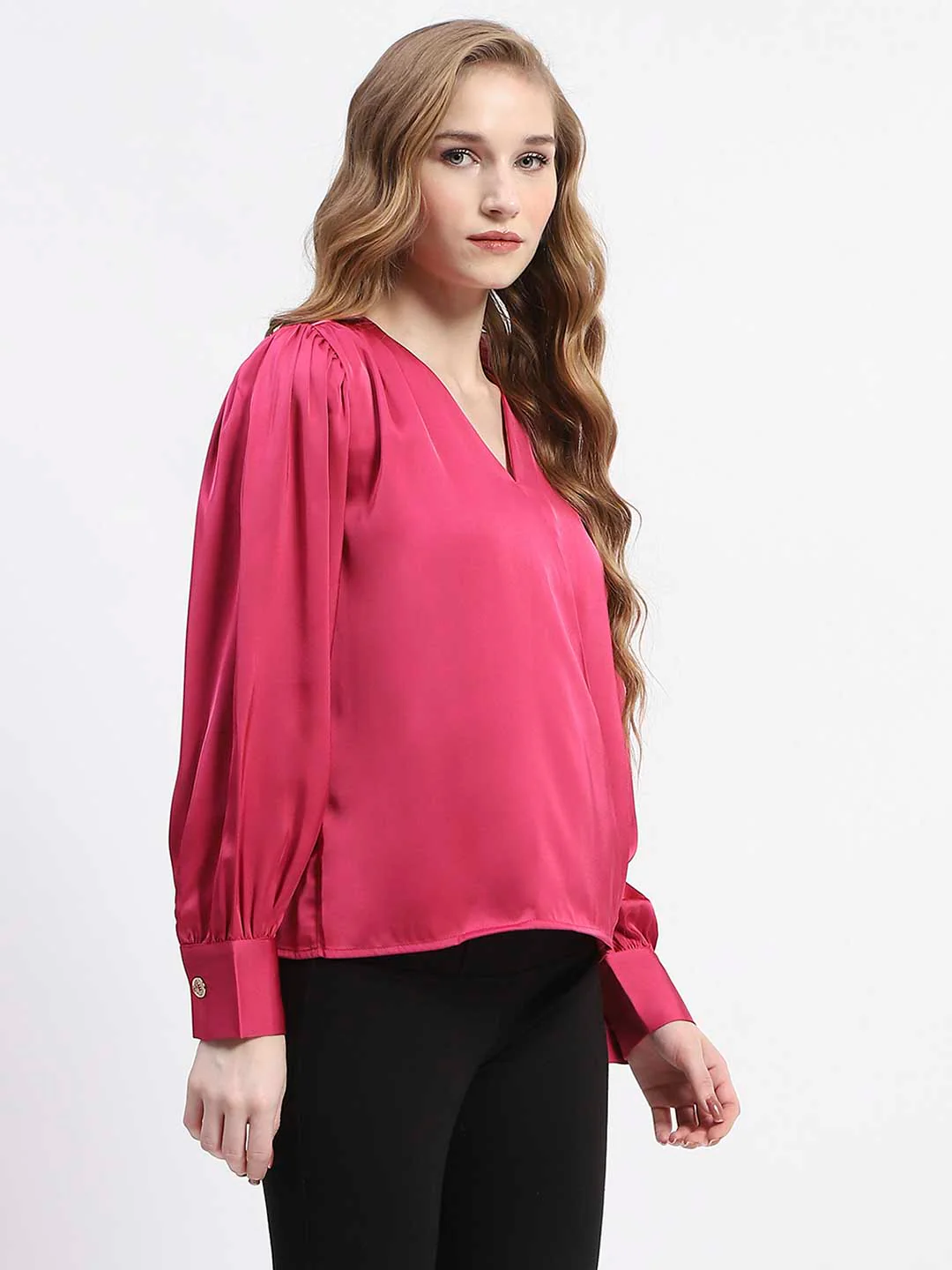 Madame Hot Pink Drape Top with Flower Applique - Image 3