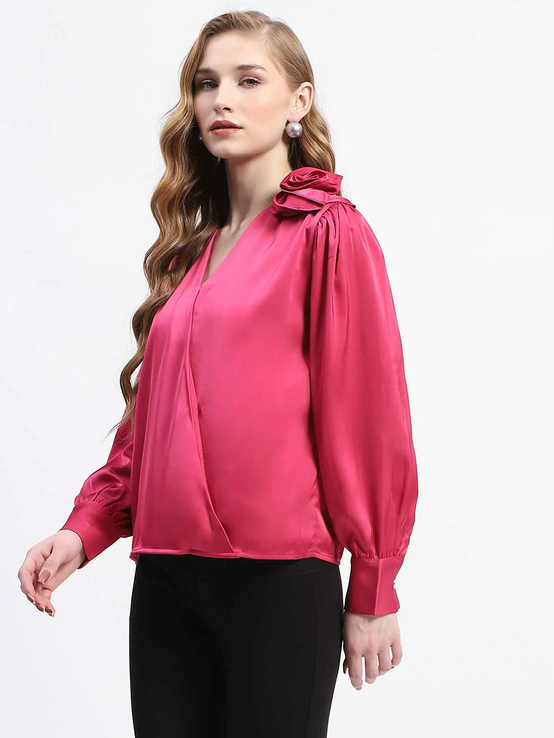 Madame Hot Pink Drape Top with Flower Applique - Image 4