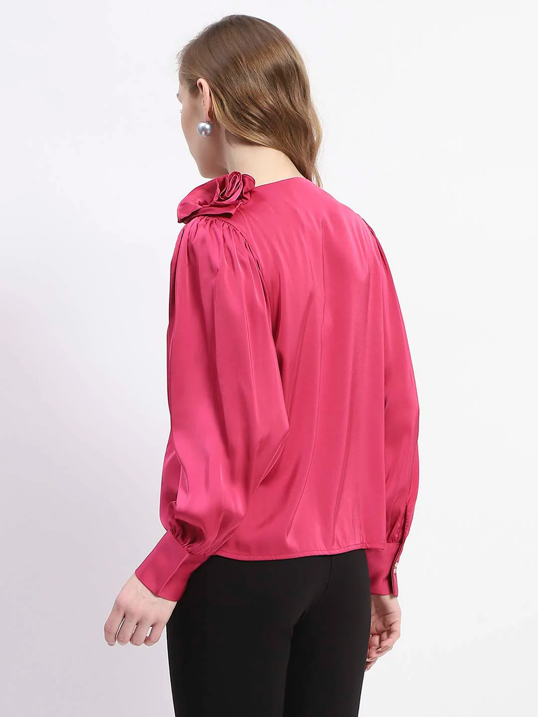 Madame Hot Pink Drape Top with Flower Applique - Image 5