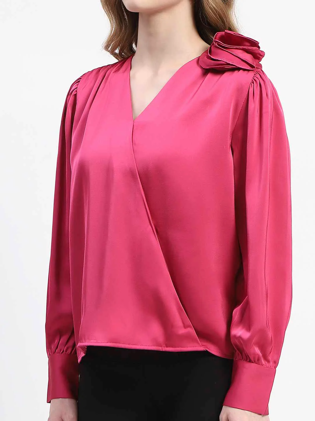 Madame Hot Pink Drape Top with Flower Applique - Image 6