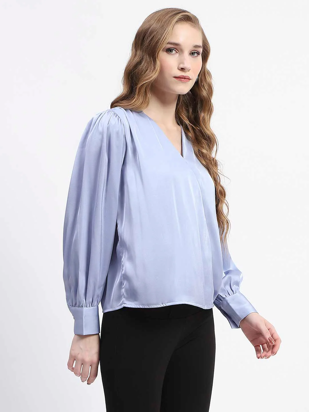 Madame Blue Satin Wrap Top with Flower Detail - Image 3