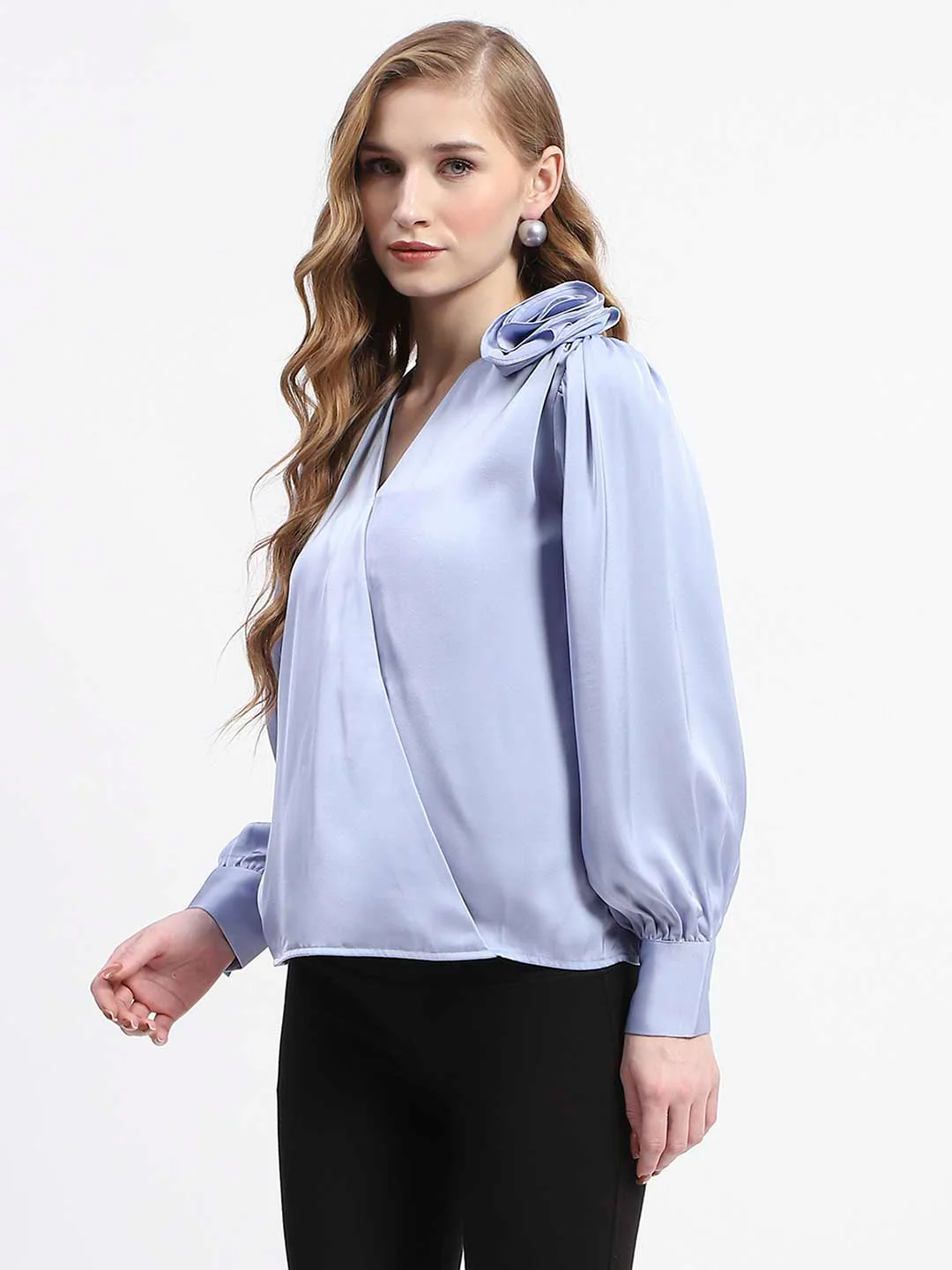 Madame Blue Satin Wrap Top with Flower Detail - Image 4
