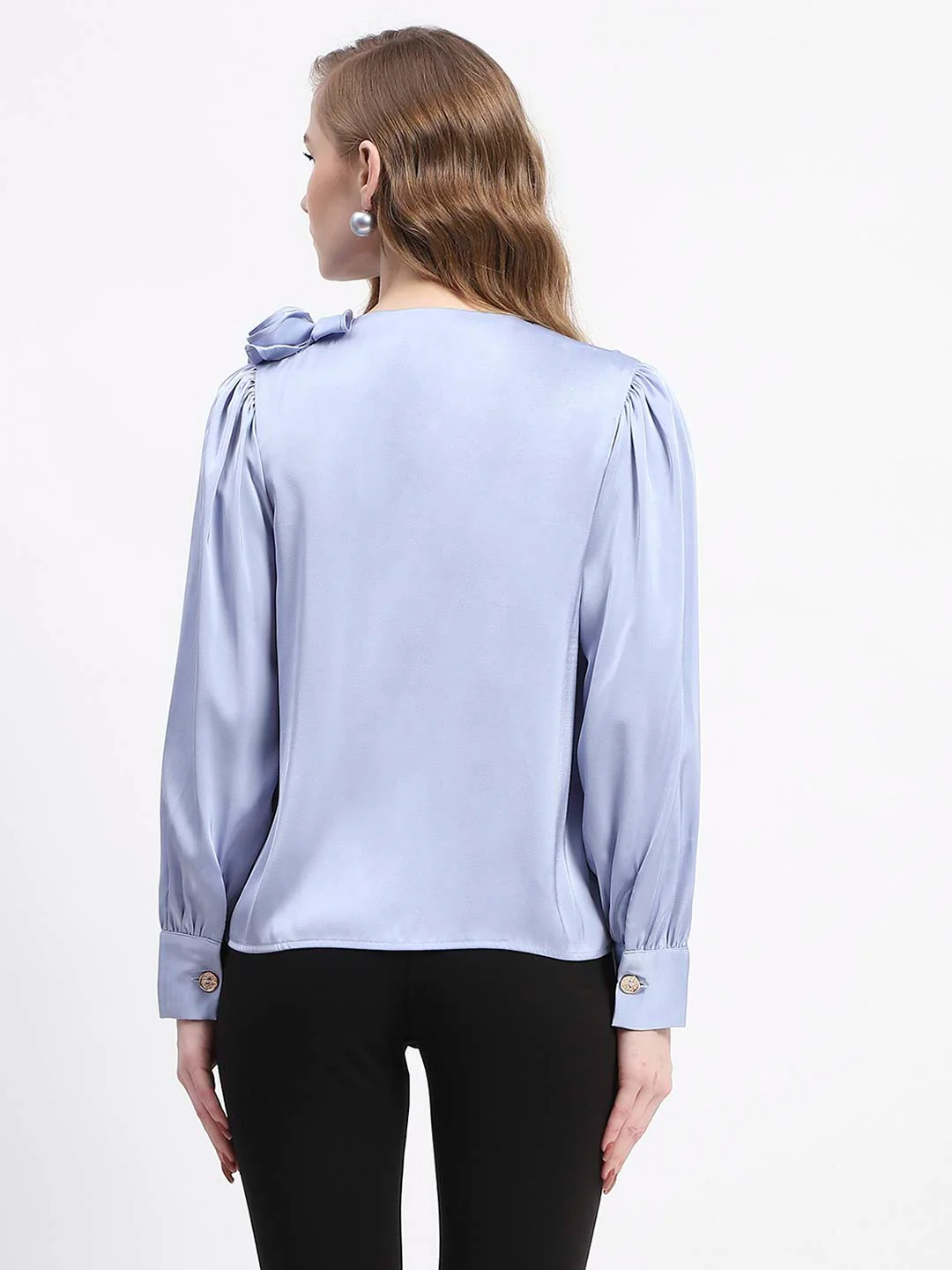 Madame Blue Satin Wrap Top with Flower Detail - Image 5
