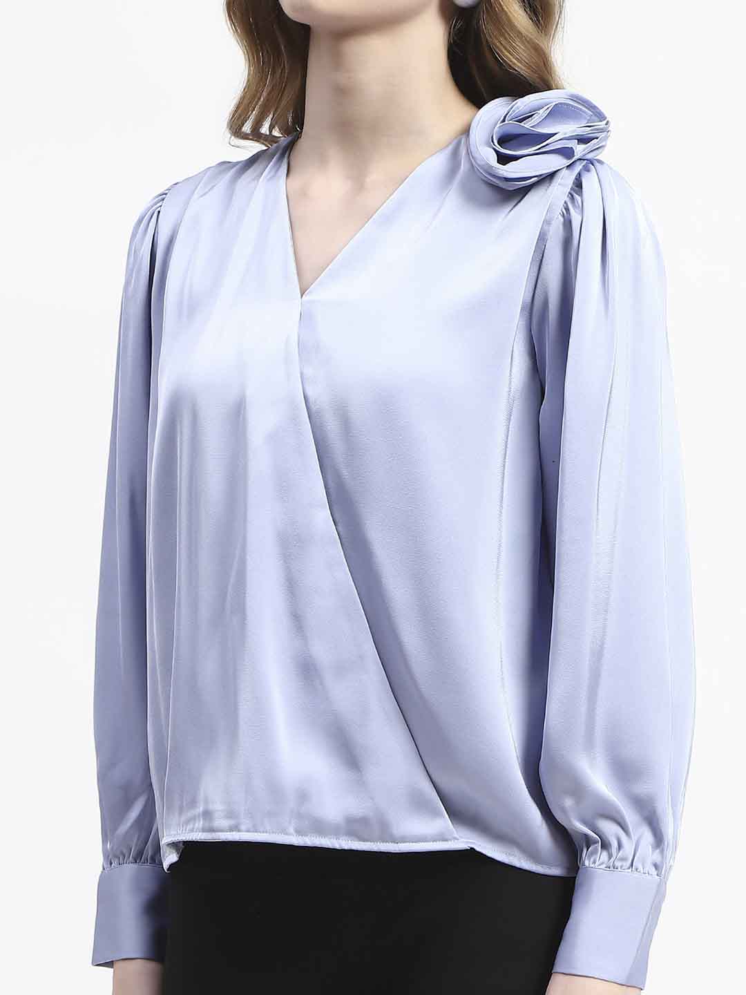 Madame Blue Satin Wrap Top with Flower Detail - Image 6