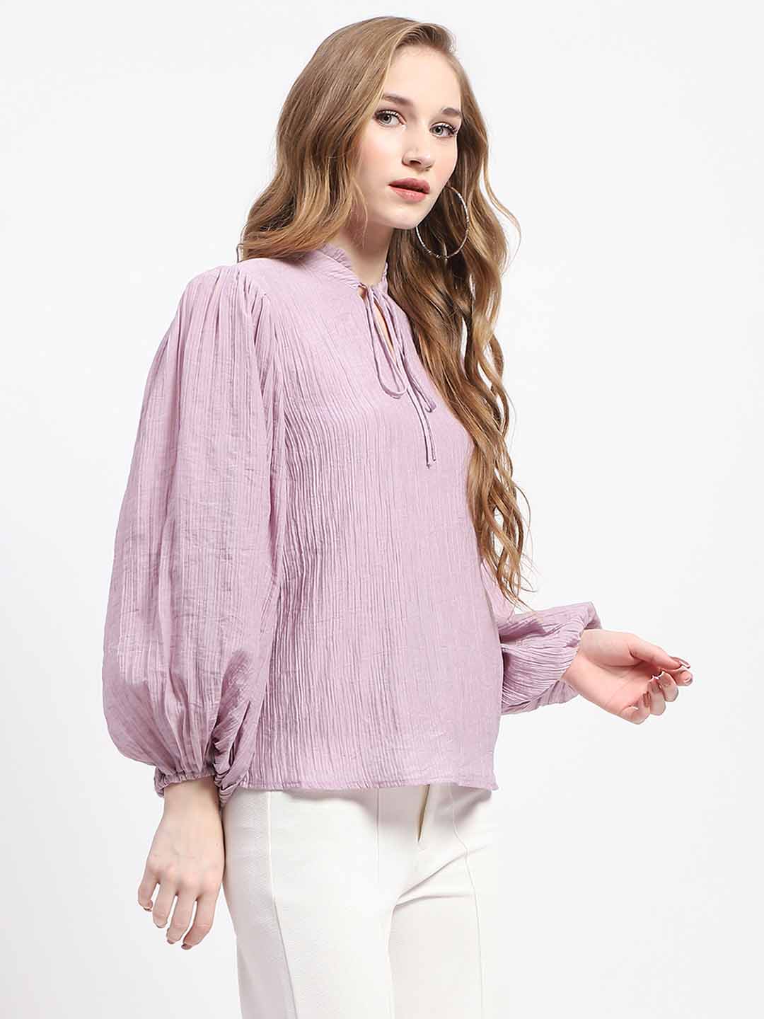Madame Mock Neck Solid Mauve Cotton Blend - Image 3