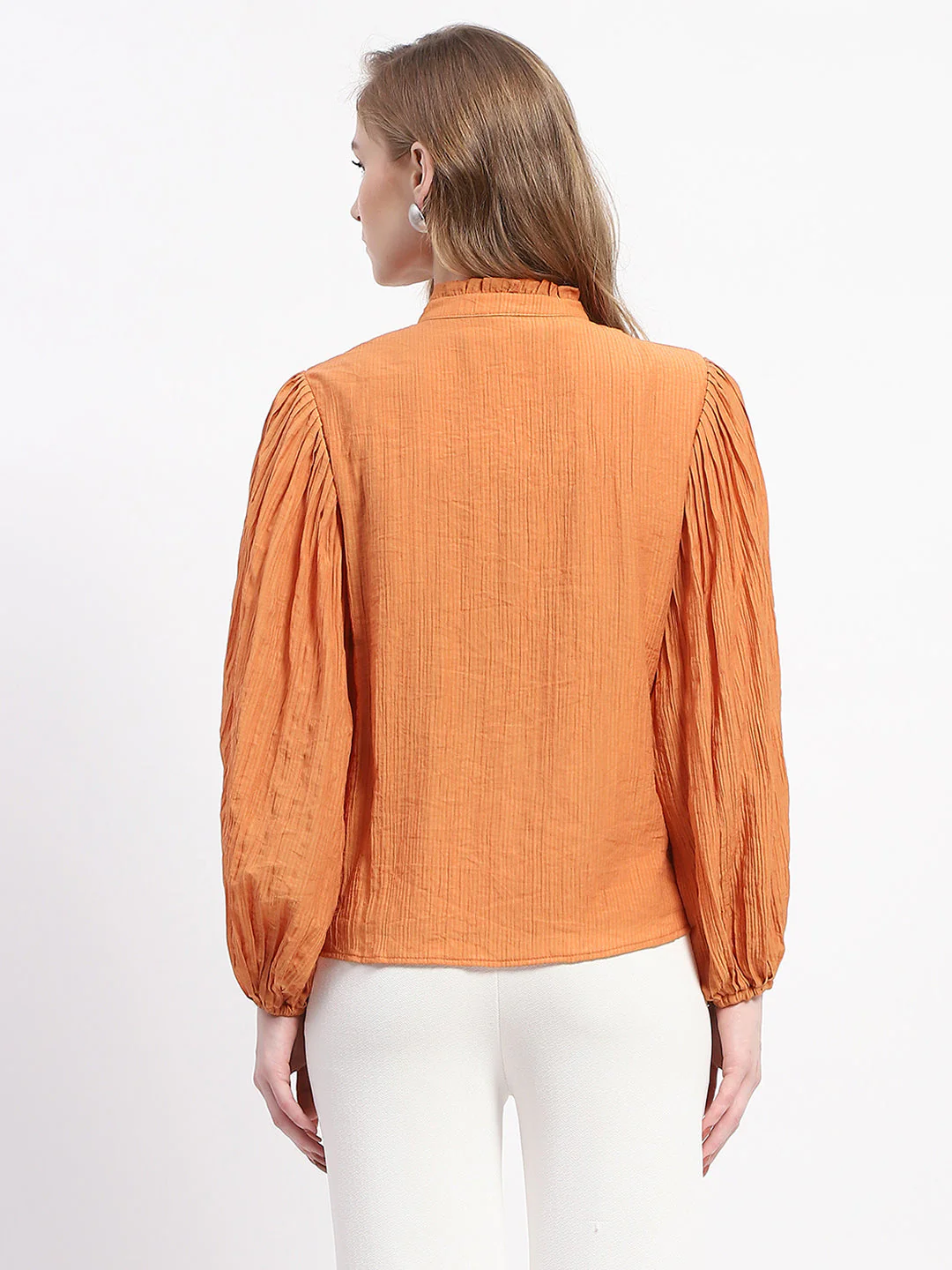 Madame Mock Neck Solid Orange Cotton Blend Top - Image 5