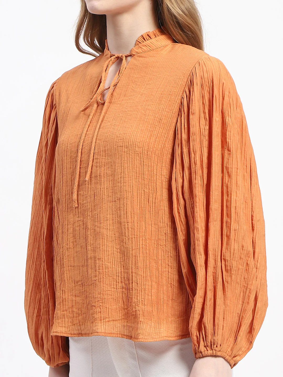 Madame Mock Neck Solid Orange Cotton Blend Top - Image 6