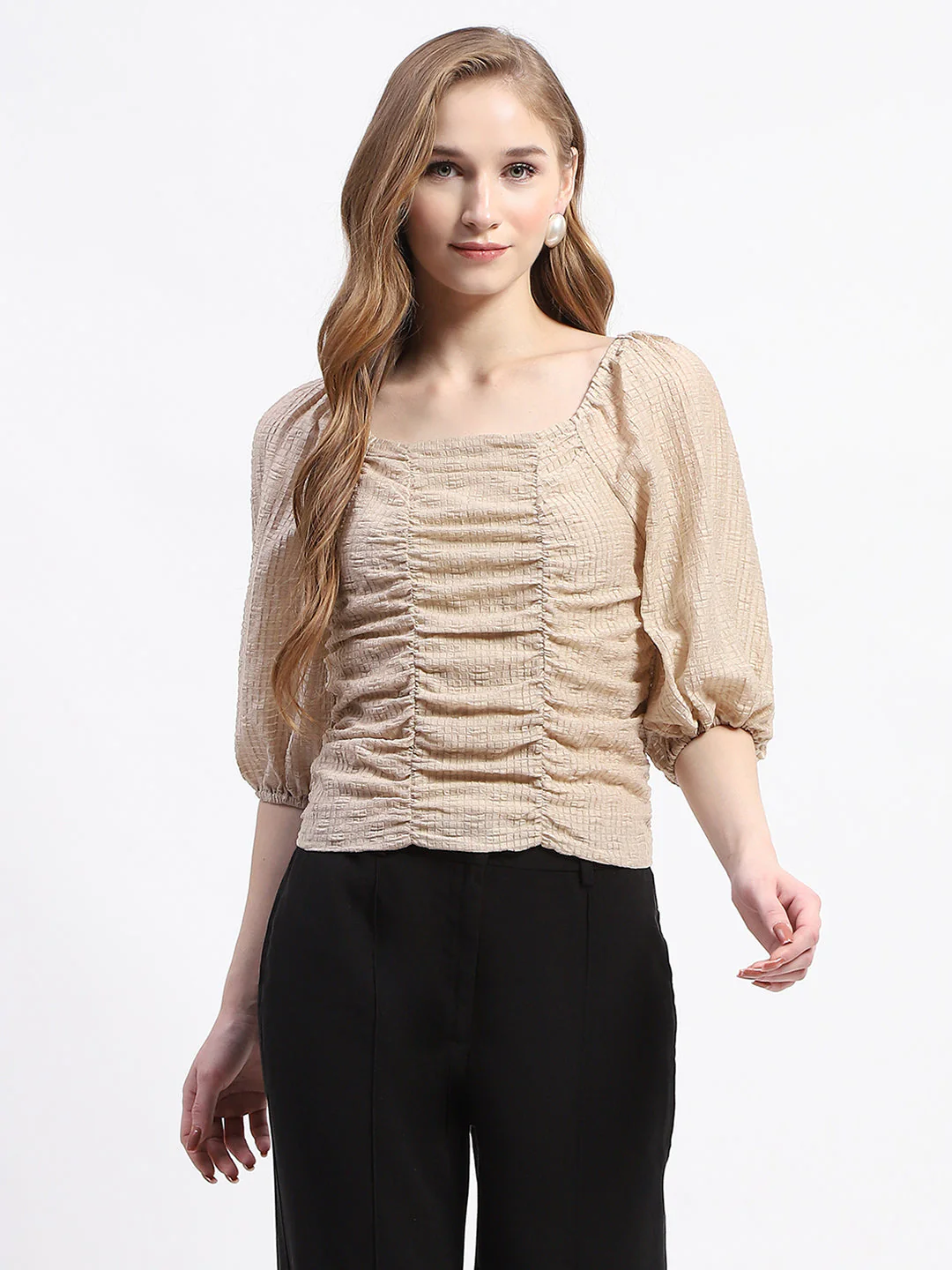 Madame Beige Ruched Top with Puff Sleeves - Image 2