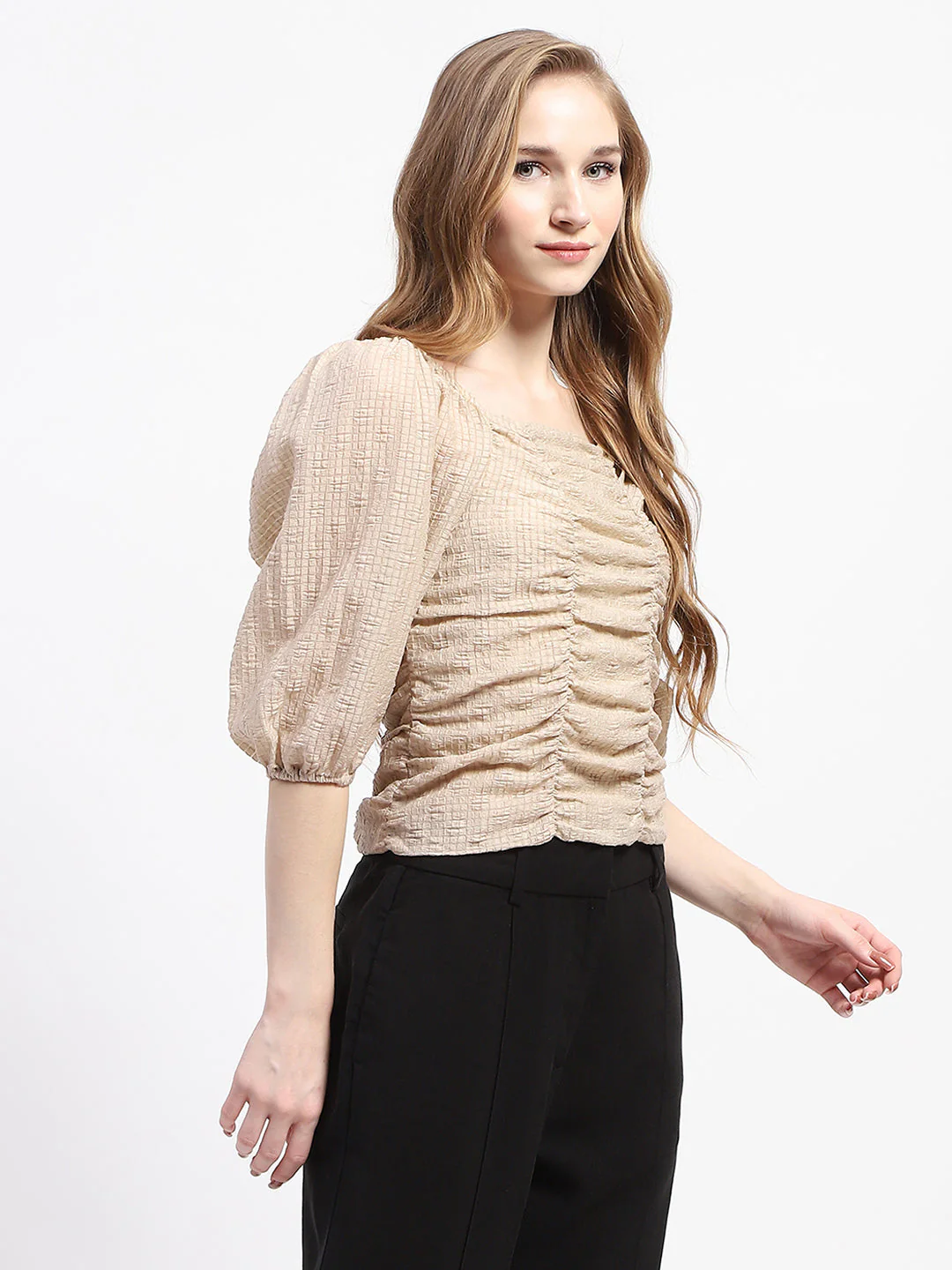 Madame Beige Ruched Top with Puff Sleeves - Image 4
