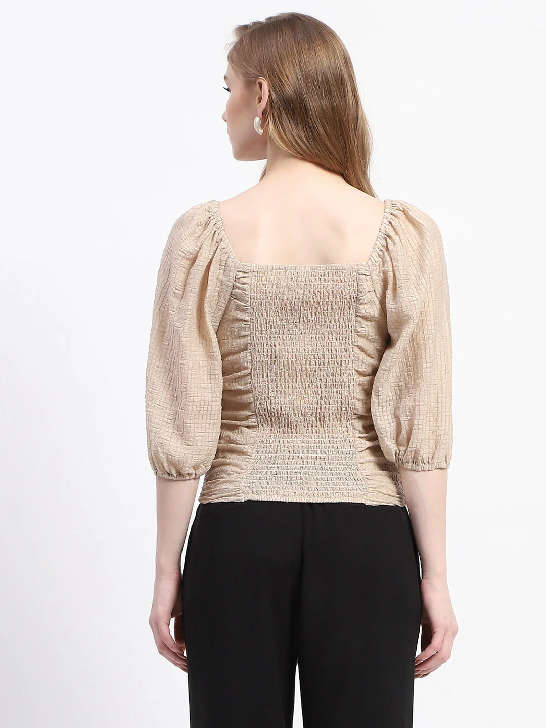 Madame Beige Ruched Top with Puff Sleeves - Image 5