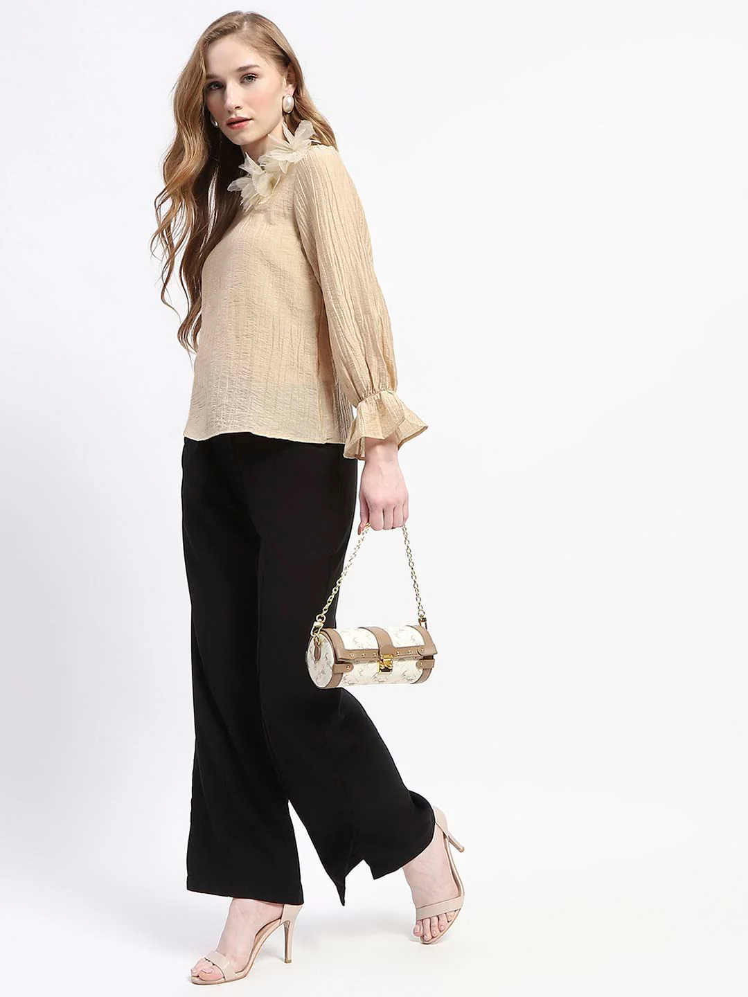 Madame 3D Flower Detailed Round Neck Solid Beige Top - Image 2