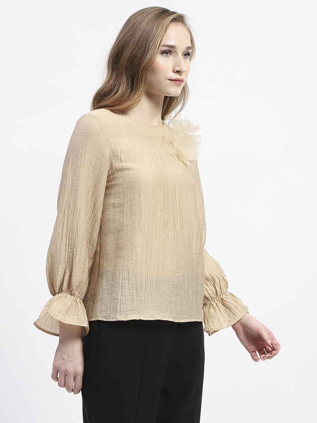 Madame 3D Flower Detailed Round Neck Solid Beige Top - Image 3