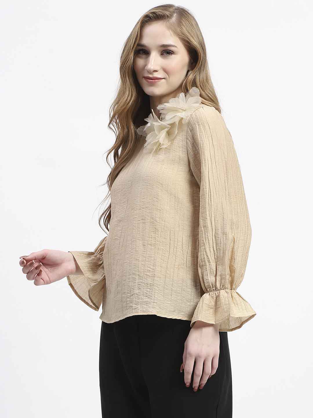 Madame 3D Flower Detailed Round Neck Solid Beige Top - Image 4
