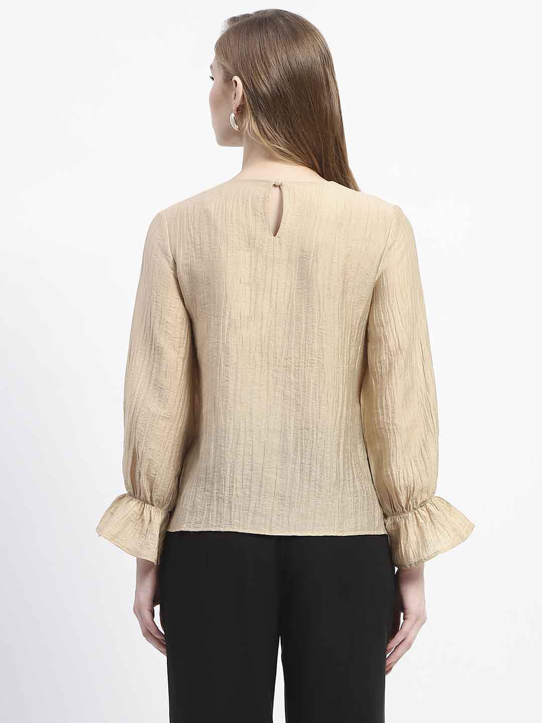 Madame 3D Flower Detailed Round Neck Solid Beige Top - Image 5