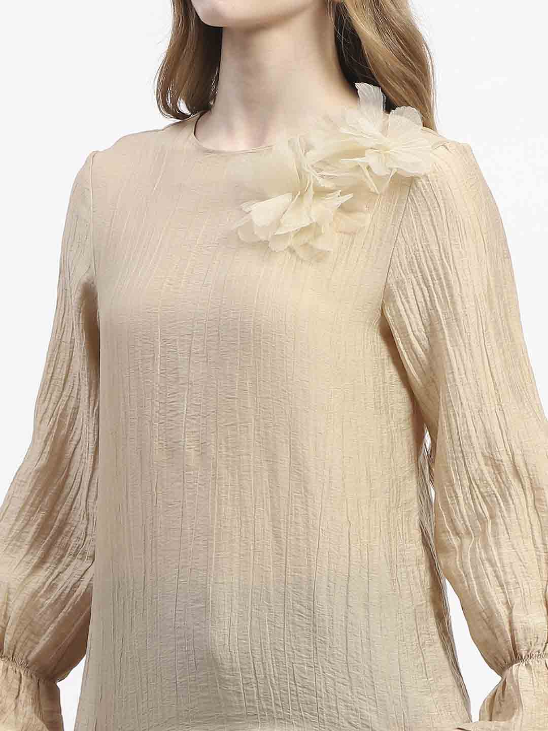 Madame 3D Flower Detailed Round Neck Solid Beige Top - Image 6