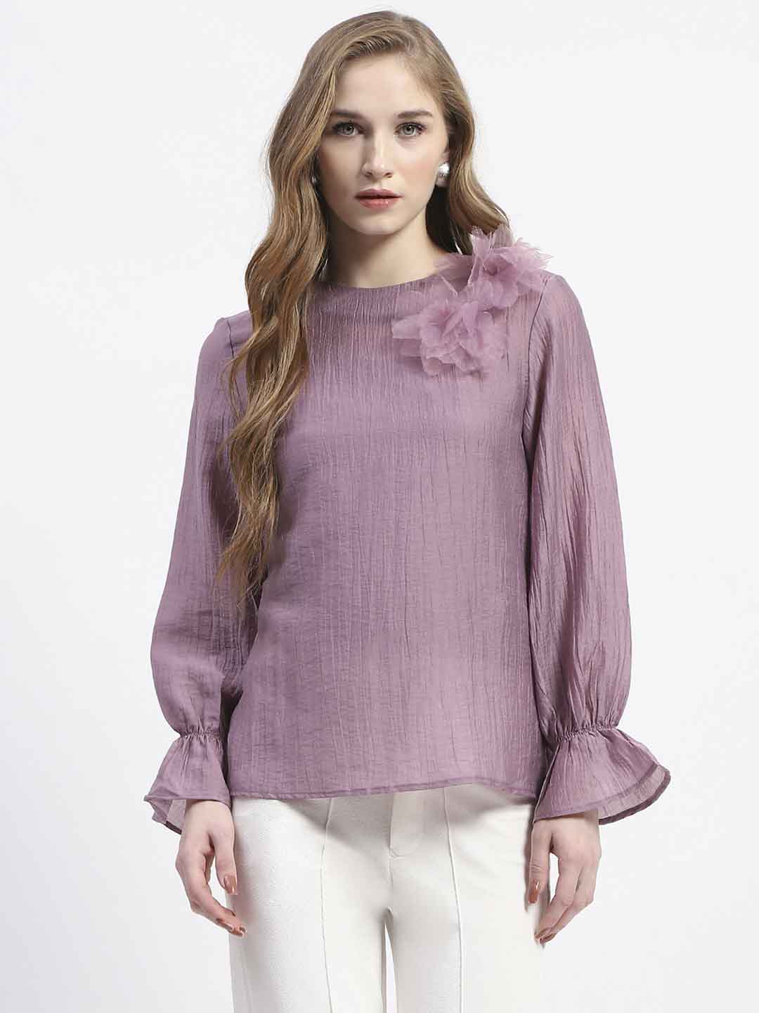 Madame 3D Flower Detailed Round Neck Solid Lilac Top