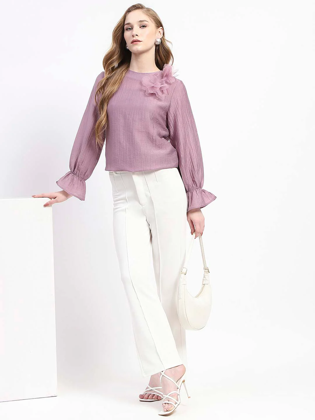 Madame 3D Flower Detailed Round Neck Solid Lilac Top - Image 2