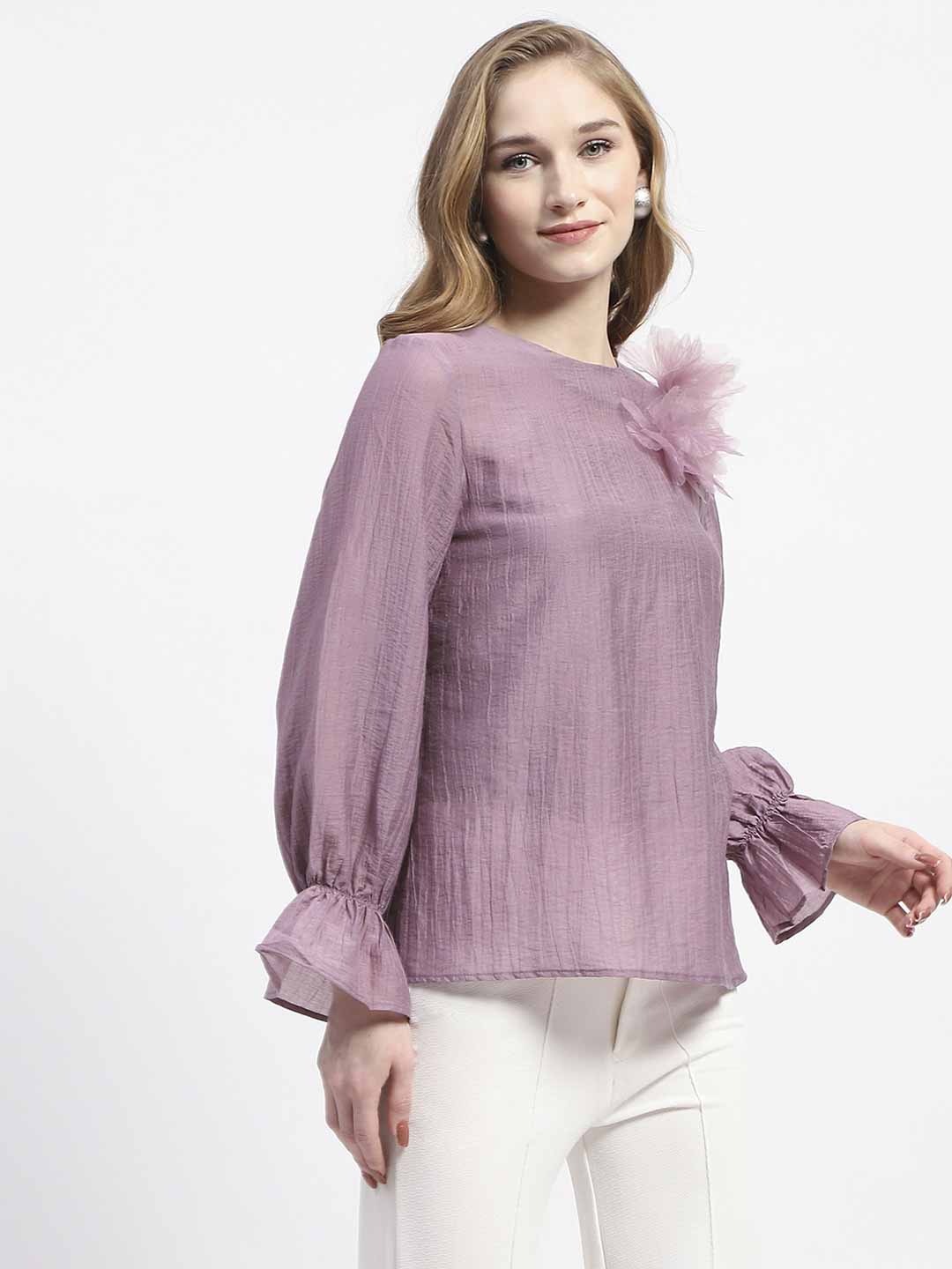 Madame 3D Flower Detailed Round Neck Solid Lilac Top - Image 3