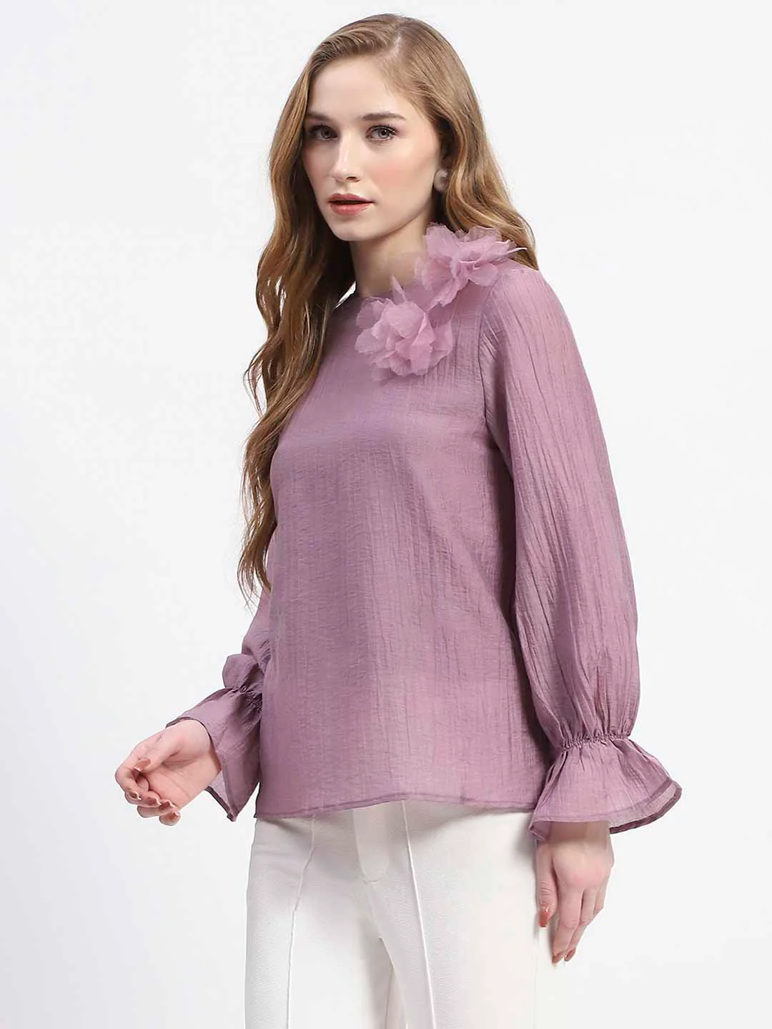 Madame 3D Flower Detailed Round Neck Solid Lilac Top - Image 4