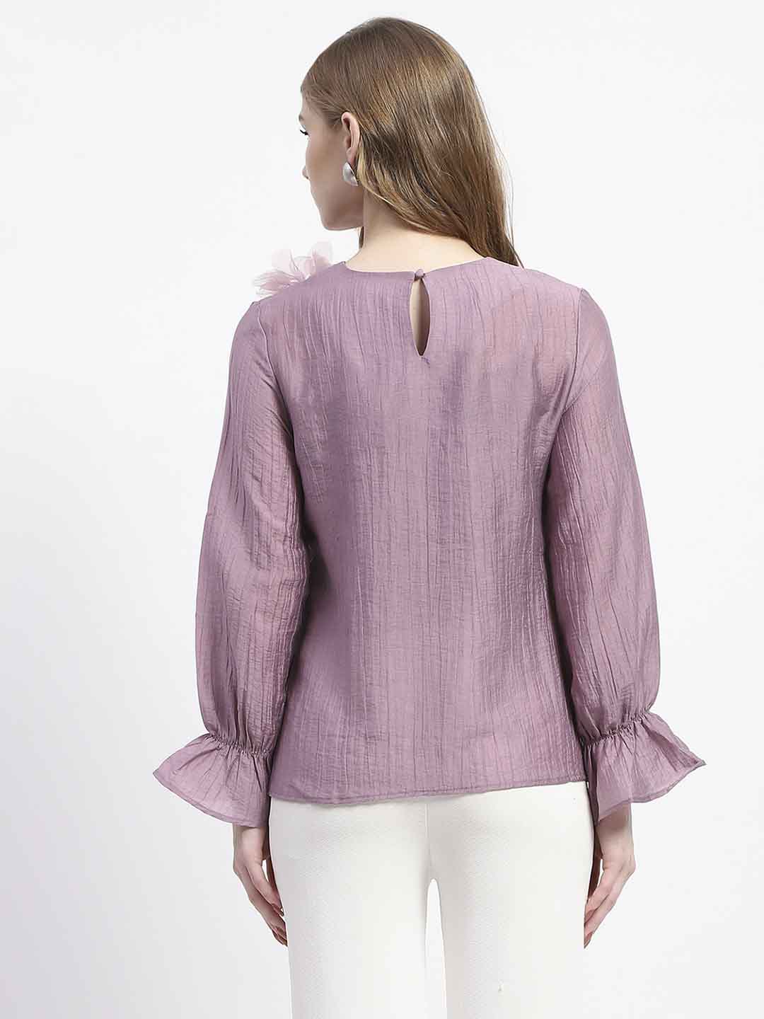 Madame 3D Flower Detailed Round Neck Solid Lilac Top - Image 5