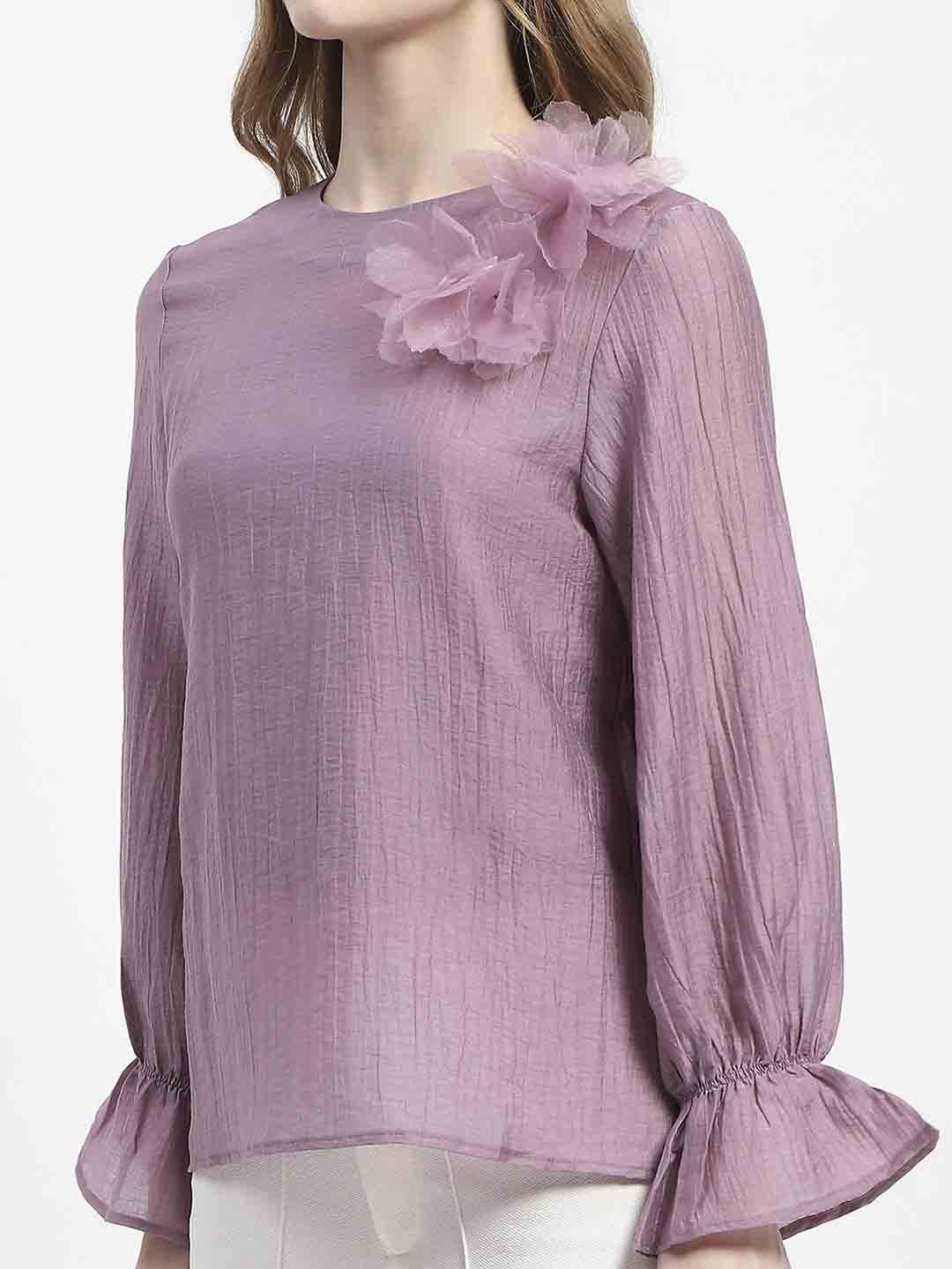 Madame 3D Flower Detailed Round Neck Solid Lilac Top - Image 6