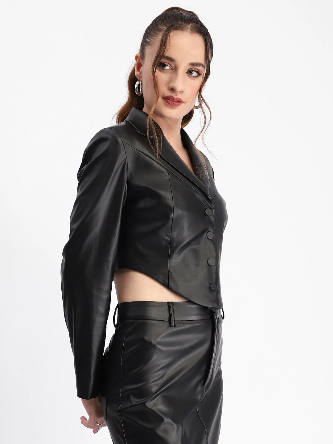 Madame Solid Black Buttoned Faux Leather Crop Top - Image 3