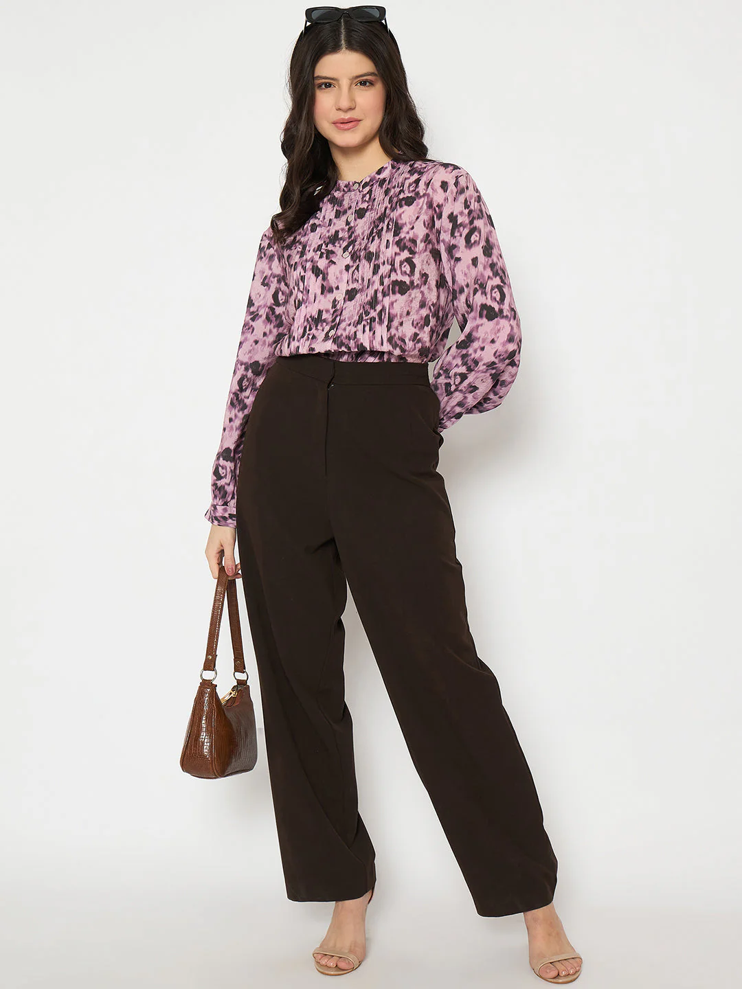Madame Button Detailed Printed Mauve Chambray Top - Image 2